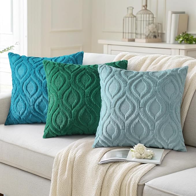 decorUhome Faux Fur Plush Soft Teal Throw Pillow Covers 20x20 Set of 2 | Plush Solid Fall Couch Pillow Covers, Accent Modern Farmhouse Neutral Decorative Square Pillow Cases for Sofa Bed Living Room