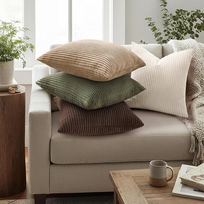 Mecatny Corduroy Fall Throw Pillow Covers 18x18 Set of 2 Chocolate | Soft Striped Texture, Hidden Zipper Design, Neutral Boho Square Pillow Cases for Sofa Couch Living Room Bedroom, Home Décor