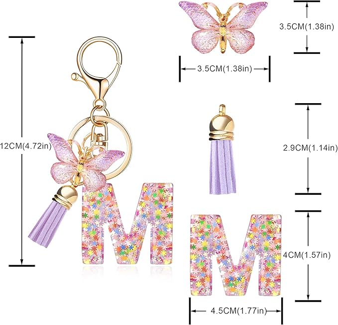 Fashion Alphabet Initial Letter Keychain Tassel Butterfly Pendant Key Ring for Purse Handbags Women Girl