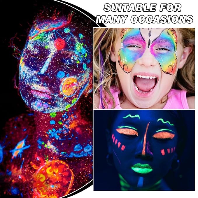 8 Colors Neon Face Paint Glow in The Dark UV Blacklight Body Paint Professional Water Activated Face Paint for Adults Kids Halloween Makeup