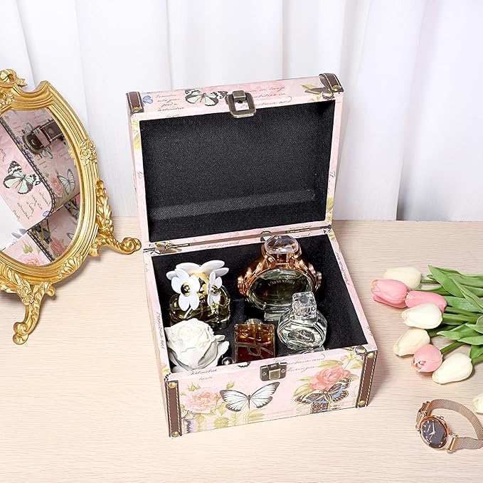 ELLDOO Decorative Treasure Chest Box, Wooden + PU Leather Storage Box for Jewelry Trinkets, Keepsakes box for Girls Women Gifts (Butterfly Pattern, Large)