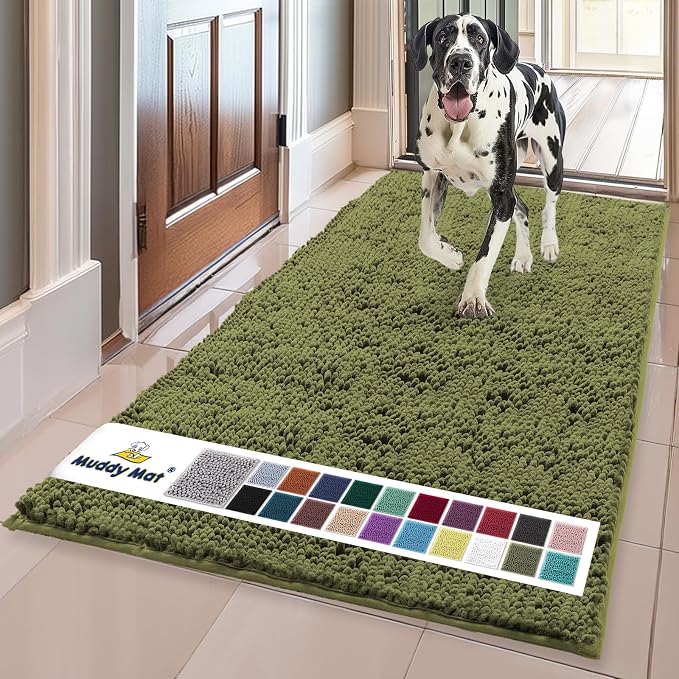Muddy Mat® | Super Water Absorbent Door Mat Indoor, Microfiber Quick Dry Chenille Entryway Rug,Slip Resistant Front Door Mat,Indoor Mats for Entryway,Machine Washable Pet Rug, Army Green 36" x 120"