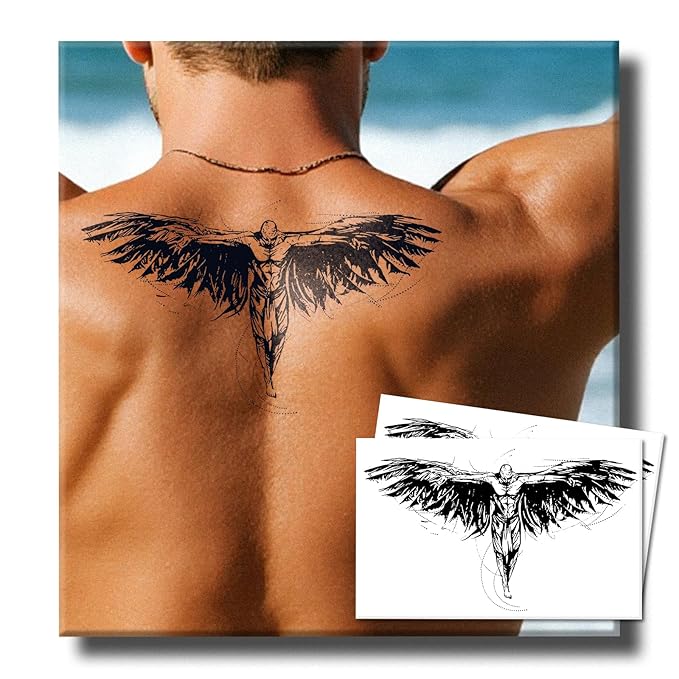Semi Permanent Tattoo for Men(Large), 2 Sheets Angel Wing Tattoos, Lasts 7-15 Days, Develops Fully in 48H, Realistic, Waterproof and Non-Reflective, for Back Chest