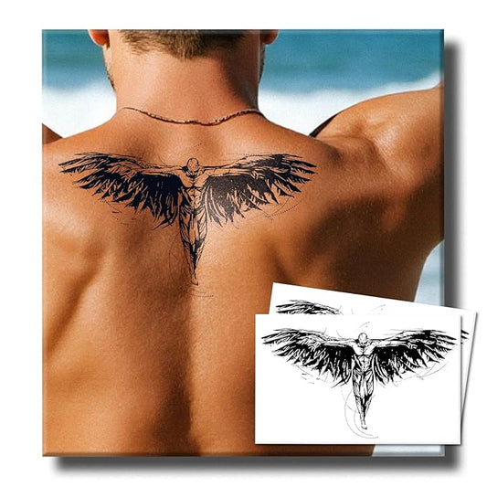 Semi Permanent Tattoo for Men(Large), 2 Sheets Angel Wing Tattoos, Lasts 7-15 Days, Develops Fully in 48H, Realistic, Waterproof and Non-Reflective, for Back Chest