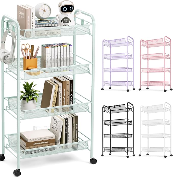 TOOLF 4 Tier Rolling Cart, Metal Utility Storage Cart with Wheels, Green | 3 Hooks, Screwless Assembly, Trolley Organizer for Bathroom, Kitchen, Office, Nursery, Dorm, Laundry Room