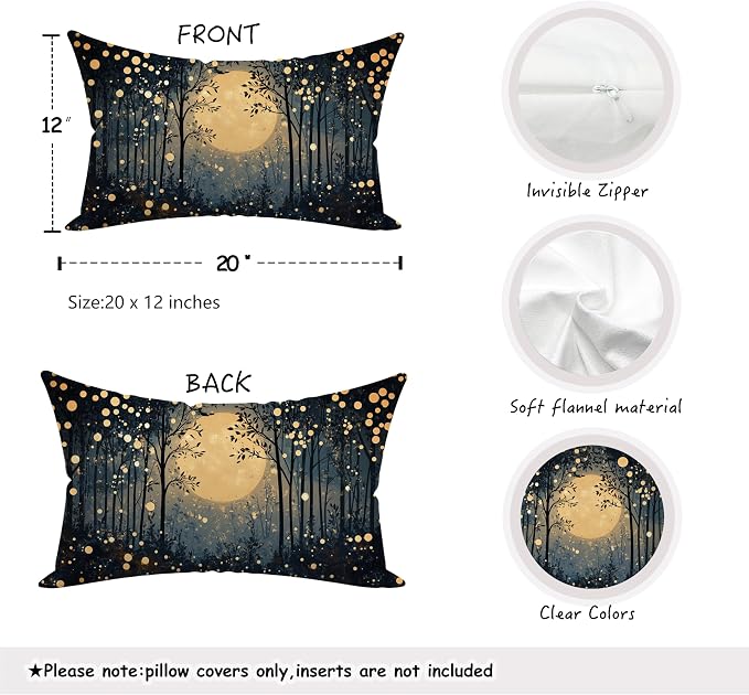 Vintage William Morris Inspired Gold Moon Pillow Covers 20x12,Rustic Black and Gold Forest Moon Botanical Nature Landscape Decorative Throw Pillow Covers for Home Bedroom Living Room