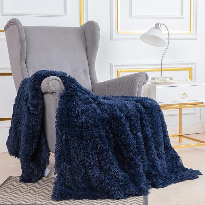 YUSOKI Long Faux Fur Throw Blanket, Navy Blue,50" x 60" | Ultra Soft, Lightweight for All Season Use, stays fluffy after repeated washes, Perfect Gifts, Machine Washable