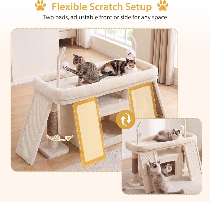 Heybly Cat Tree Extra-Long & Stable 2 Adjustable Scratch Boards HCT210SMJ | Easy-Climb Cat Tower with Dual-Leg Floor Condo, Sturdy Cat Furniture with Extra Wide Platform & Interactive Toys, Beige