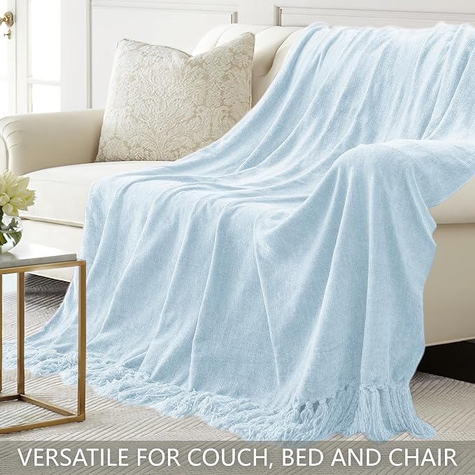 Chenille Throw Blanket for Couch 50" x 60", Light Blue | Soft Cozy Warm Throws with Fringe Tassel, for Living Room Bed Sofa Chair Cover, Lightweight Knitted Decorative Boho Blankets