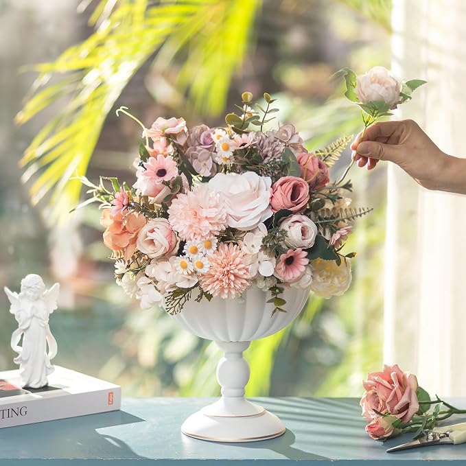 Sziqiqi White Urn Vase for Centrepieces, Wedding Compote Vase, 2Pcs | 7.9in Tall Metal Flower Arrangements, Vase for Centrepieces Floral Planter, Decorative Footed Bowl, For Party, Event