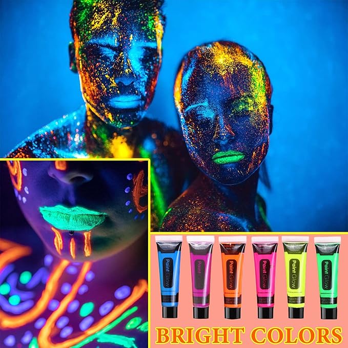 6 PCS Glow Body Paint Set,Glow in Dark Face Glitter Paint Body Glow Powder Neon Party Supplies Facial Highlighter Kits for Adults&Kids,Body Makeup