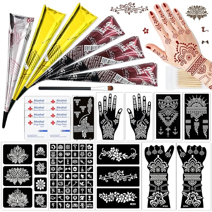 Temporary Tattoo Stencil Kit 10 Sheets, 6 Pcs Tattoo Cones 3 Color (Black/Brown/Cherry Red) with Brush/cotton swabsTool, India Art Skin Painting Designs for Women Men Kids DIY Gifts