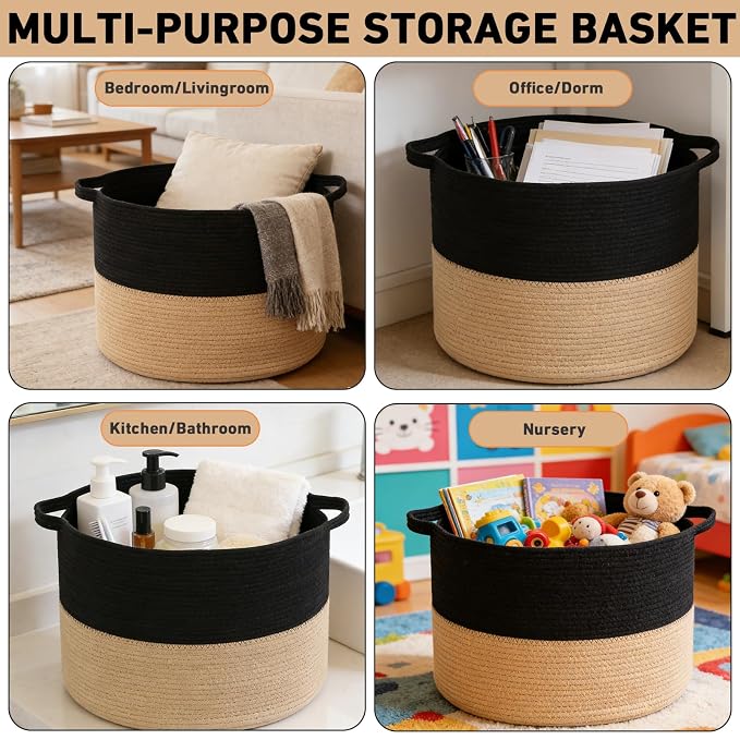90L Extra Large Blanket Basket,Woven Laundry Basket-Black&Camel | Collapsible, reinforced handles, nursery storage bin organizes clothes, toys and pillows for living room, bedroom bathroom
