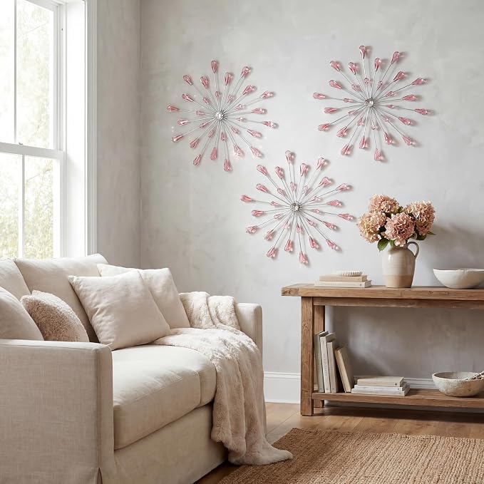 ZEXUIRU 3 Set Silver Starburst Wall Art for Home Decor Metal Bling Crystal Rhinestones Sunburst Wall Decor Sparkling Rhinestone Art Accent Silver - 13in
