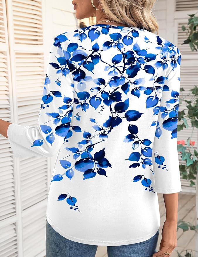 LOMON 3/4 Length Sleeve Womens Tops Spring Summer Fashion 2026 Tops Crew Neck Pleated Shirts Tunic Top Loose Fit