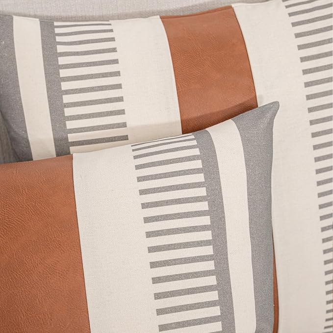 2 Pack 20x20 Inch Pillow Covers - Brown Faux Leather & Gray Stripe Print Soft Canvas Splicing, Same Pattern Both Sides | for Sofa Couch Bed Living Room, Farmhouse Industrial Minimalist Decor