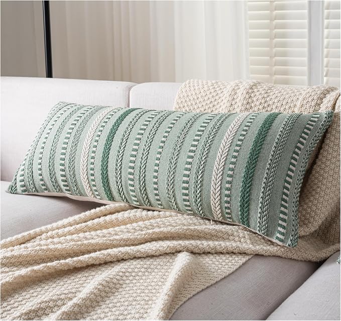 Cethom Boho Lumbar Pillow Covers 14x36 Long, Farmhouse Decorative Couch Pillow Cases, Light Green Accent Pillows of Bed, Sofa Bedroom Living Room Home Decor Cushion Cover, Pack of 1