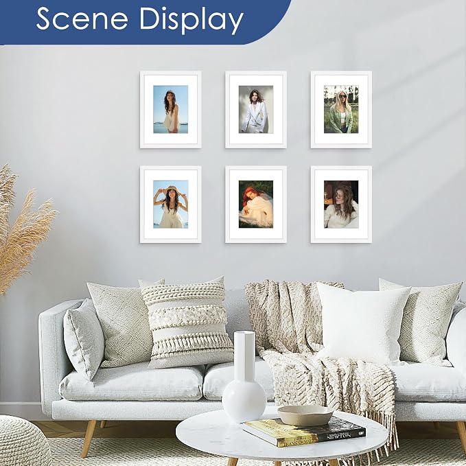 8.5x11 Picture Frame Set of 6, Wall Mount Display, White | Display Pictures 6x8 with Mat or 8.5x11 Without Mat, Horizontal or Vertical, Gallery Wall Frame Set, Wedding Birthday Gifts