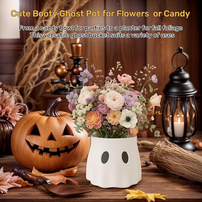 Ghost Bucket Planter, Cute Ghost Design, Plastic, Indoor & Outdoor Decor, Versatile for Plants or Halloween Treats, Durable and Weather-Resistant, Spooky Home or Garden Decoration (7.87‘ X 2)
