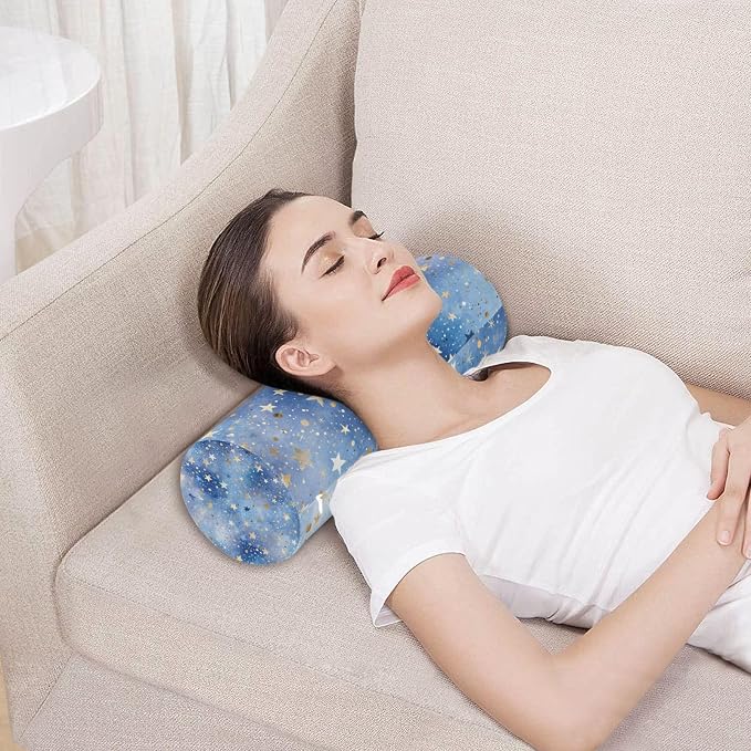 Blue Romantic Golden Stars Neck Roll Pillow Bolster Round Health Memory Foam Long Cervical Cylinder Pillows with Removable Washable Cover for Body Bed Legs Back Yoga