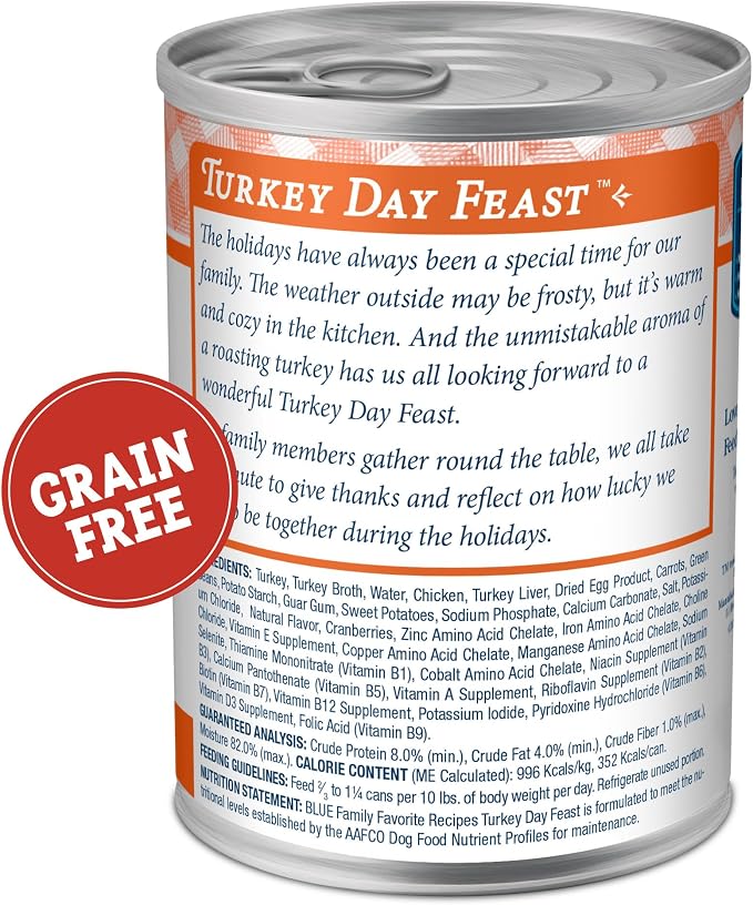 Blue Buffalo Family Favorites Turkey Adult Wet Dog Food, 12.5 oz, 12 ct | Turkey Day Feast Recipe, Real Turkey First, in Gravy, Feed as Treat, Topper, or Meal