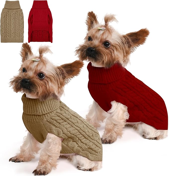 Dog Sweater 2 Pack for Small Dogs, Size XS, Red & Brown | Stretchy cable knit turtleneck, machine washable, high belly cut, comfy winter fit for Chihuahua, Yorkie