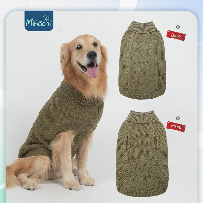Mihachi Turtleneck Dog Sweater - Winter Coat Apparel Classic Cable Knit Clothes with Leash Hole for Cold Weather, Ideal Gift for Pet in New Year Army Green New SM
