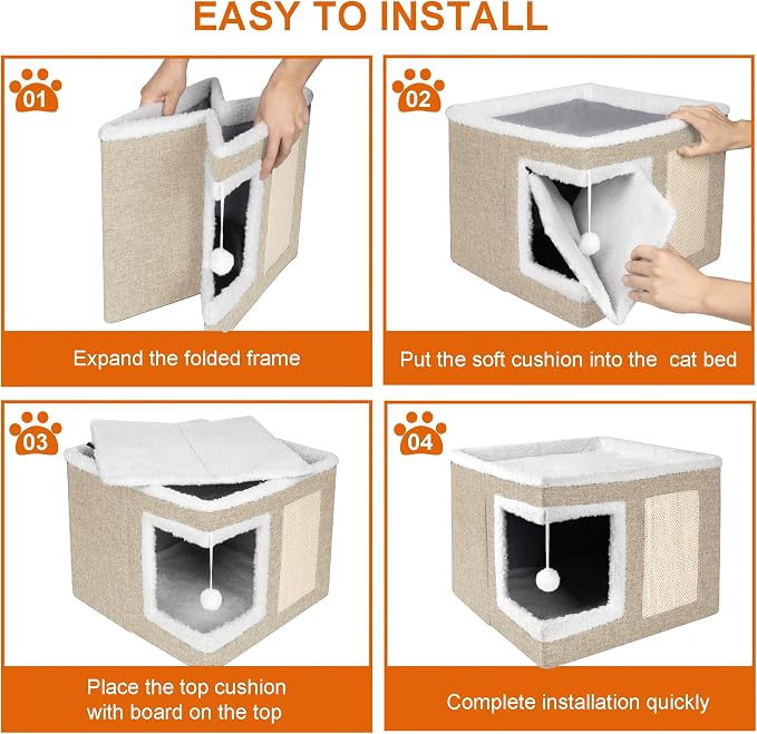 Loyareal Cat Houses for Indoor Cats - Large Cat Bed Cave with Scratch Pad and Fluffy Ball, Foldable Cat Condo Hideaway with Reversible Cushion for Multi Small Pet, Khaki