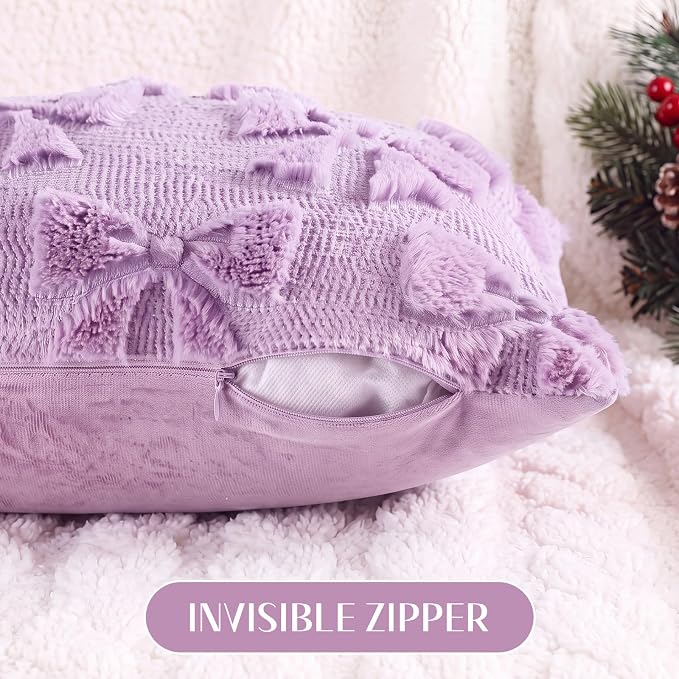 Mixweer Purple Bow Pillow Covers Set of 2 Preppy Room Decor Coquette Cute Spring Summer Decorative Faux Fur Soft Bowknot Stuff Fluffy Plush Aesthetic Pillowcase for Bed Sofa Couch (12 x 20 Inch)