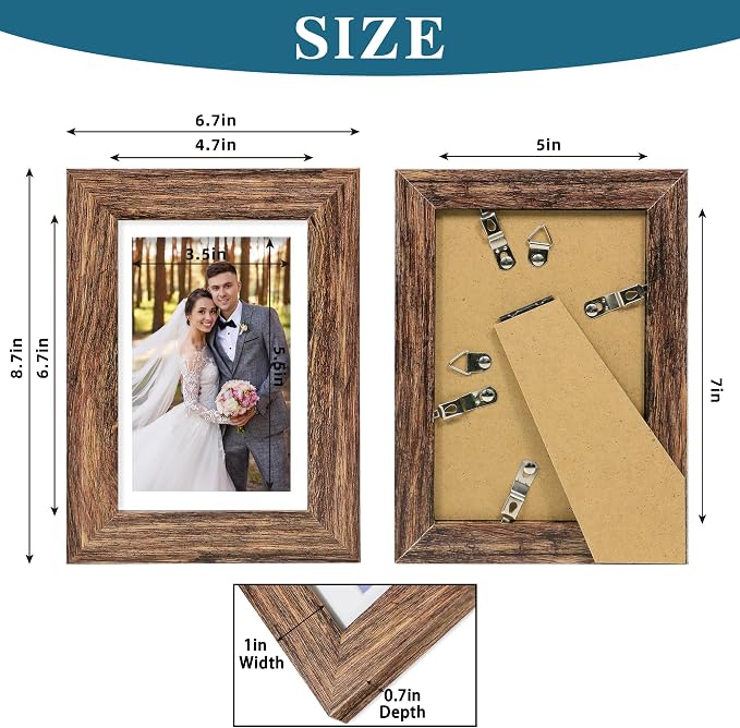 Hongkee 5x7 Picture Frame Set of 4, Made of Real Glass and Rustic Brown Wooden Frame, 5 by 7 Photo for Wall or Tabletop - Display Picture 4x6 with Mat or 5x7 Without Mat