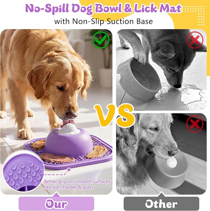 Slow Feeder Dog Bowls & Lick Mat for Liquid and Thick Treat, Anti-Slip Dog Lick Bowl with Interactive Rolling Ball, 5/6 Cup Pup Licking Toy for Large Medium Small Dogs and Cats-Large Purple