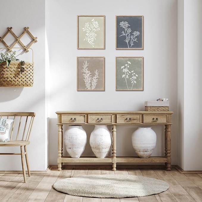 Framed Boho Wall Art Set of 4 for Wooded Minimalist Botanical Print Wall Art for Rustic Vintage Farmhouse Home Kitchen Wall Decor (Brown, 11x14)