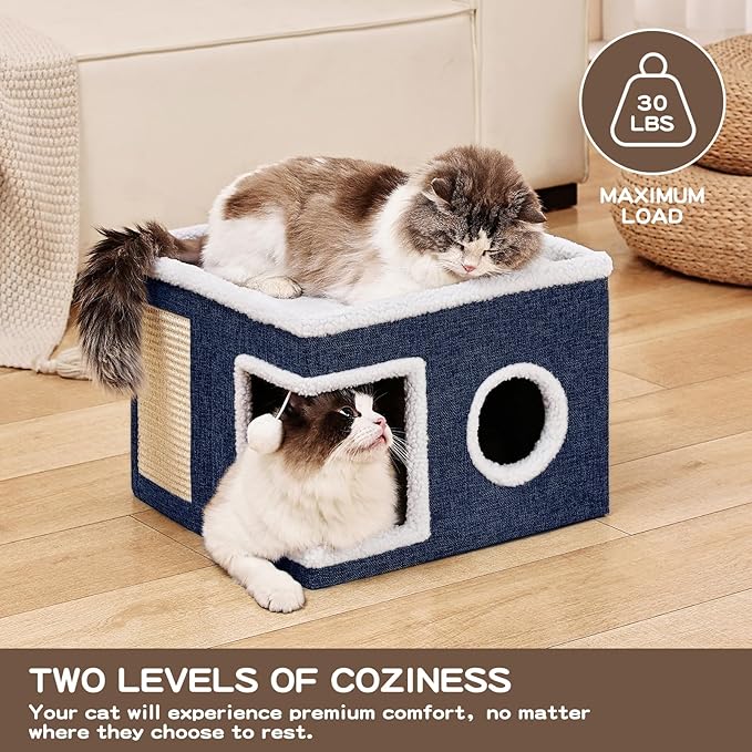 Large Cat Houses for Indoor Cats with Fluffy Ball and Scratch Pad | Foldable Cat Bed Cave for Multiple Pets, Kitten Bed for All Seasons, Non-slip, Hold Up to 30LBS, 16x16x13inch, Blue