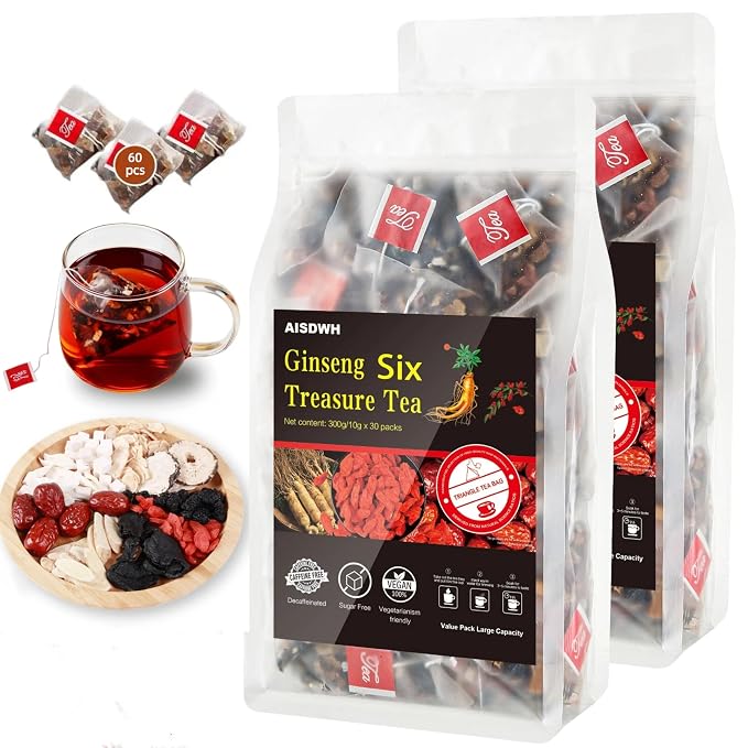 AISDWH Kidney Tea Formula Ginseng Six Treasure Tea, Traditional Chinese Herbal Ginseng Tea Bags, 9 Herb Blend - 120 Count - Kidney Cleanse Detox Repair - for Women & Men