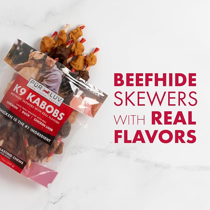 Pur Luv Dog Treats, K9 Kabobs Made with Real Chicken and Duck, 12 Ounces, Dog Snacks, Healthy, Easily Digestible, Long-Lasting, High Protein Treat, Satisfies Urge to Chew | Triple-flavor chew: chicken, chicken liver & duck wrapped on sweet potato skewe...