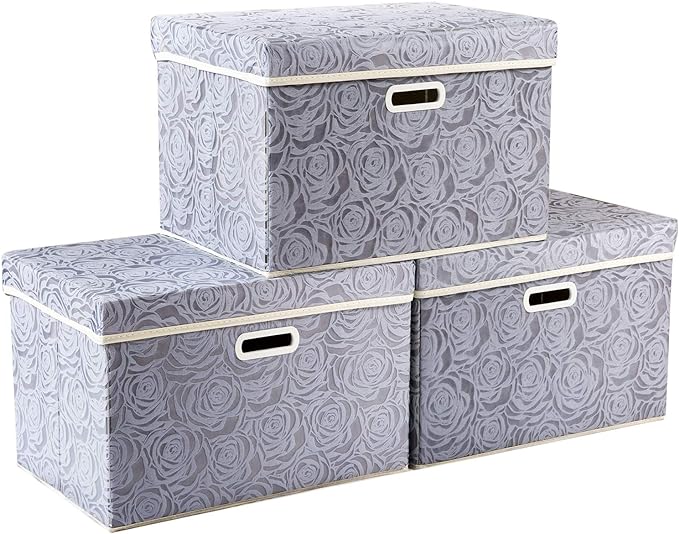 Large Storage Boxes with Lids [3-Pack] Fabric Decorative Storage Bins Cubes Organizer Containers Baskets with Handles for Closet Grey 17.7x11.8x11.8 In For 6+ Year Old Boys and Girls