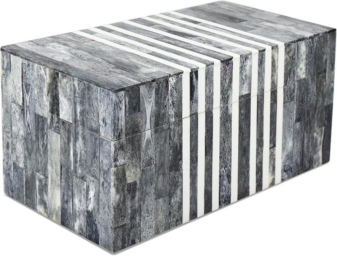 Handicrafts Home Large Decorative Storage Box with Lid, Patisserie Cafe Stripe Pattern Memory Keepsake Box, Deep Storage Organizer for Coffee Table Decor, Wooden Gift Storage Box, Grey & White, 10x5x5
