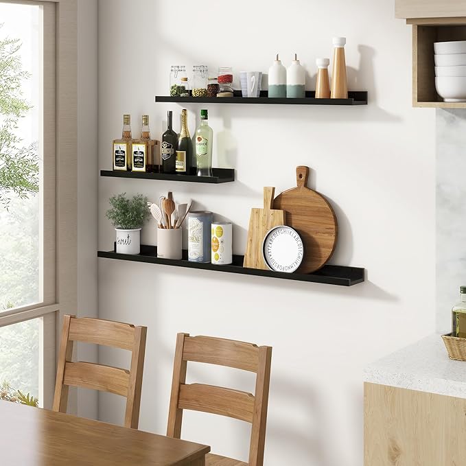 Picture Ledge Shelf, Floating Shelves for Wall, 48" W Set of 2, Black | FSC Certified Engineered Wood, Wall Mounted Bookshelf, for Nursery Living Room Bedroom, Pre-Drilled, Easy Install
