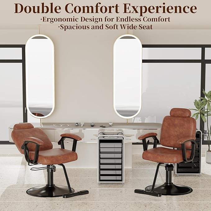 Baasha Premium Brown Reclining Salon Chair with Removable Headrest, All-Purpose Hydraulic Barber Chair, Soft PU Leather, 360° Swivel, 135° Recline, Heavy-Duty Steel Frame, 330 lbs Capacity