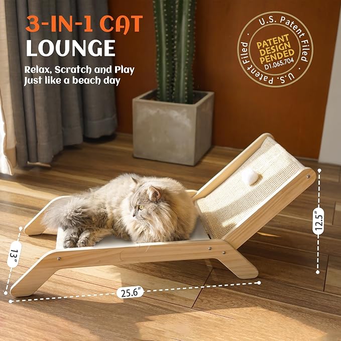 PETKARAY Beach Chair Cat Hammock, Elevated Cat Beds for Indoor Cats, Original Cozy Lounger with Sisal Scratcher and Toy Ball