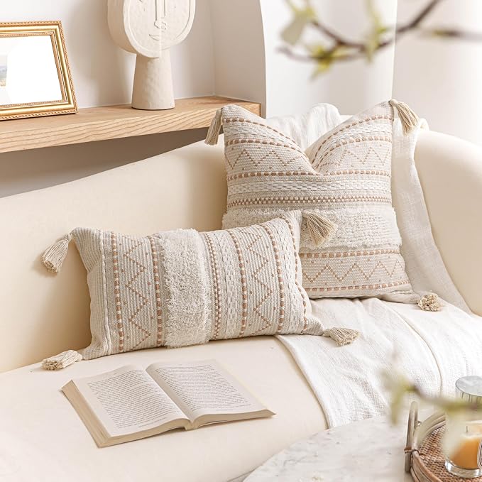 12x20 Lumbar Pillow Cover, Cream Neutral Beige Rectangular Decorative Cushion Cover, Boho Accent Pillowcase with Tufted Details and Tassels for Couch Sofa Living Room (Cover Only)