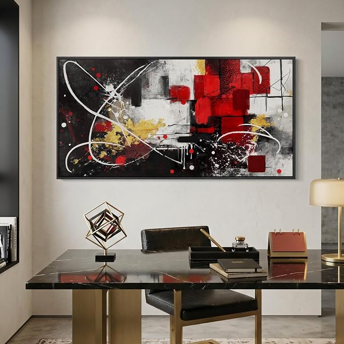 Extra Large Framed Red Black and White Abstract Wall Art for Living Room, Modern Canvas Prints Horizontal Artwork for Walls, Red Gold Geometric Pictures for Dining Bedroom Hallway Wall Decor 30x60 In