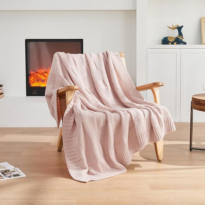 CozeCube Pink Knitted Checkered Throw Blanket 50"X60" | Check Knit Throw for Couch, Decorative Christmas Soft Cozy Warm Blanket for Bed Sofa Living Room