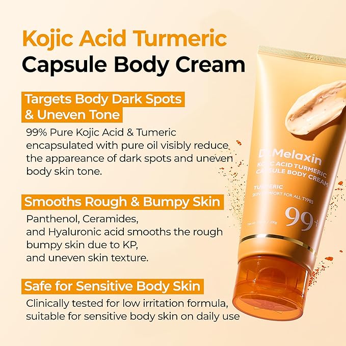 Dr.Melaxin Kojic Acid Turmeric Body Cream with Ceramides, Brightening Body Moisturizer for Dark Spots & Uneven Tone, Panthenol & Hyaluronic Acid for Deep Hydration, 7.05 oz
