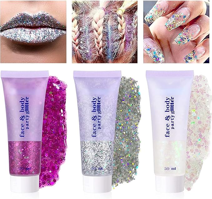 White Face Glitter,Sparkling Neon Outfit Party Holographic Sequins Paint Body Glitter Gel Makeup.(06# White Moonbeam)