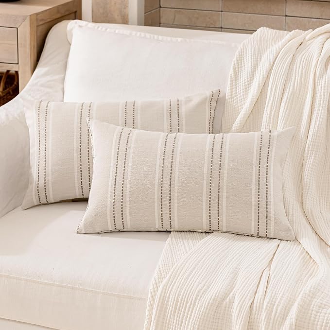 Hckot Striped Throw Pillow Covers 12x20 Set of 2 Taupe Pillow Covers | Farmhouse Decorative Pillows Textured Linen Square Cushion Covers for Sofa Couch Bed Living Room Decor(Taupe)