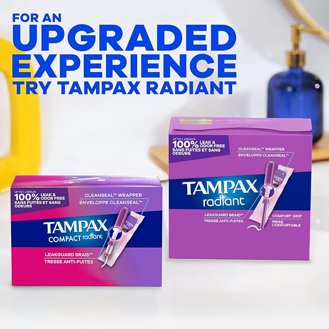 Tampax Compact Pearl Tampons for Women, with LeakGuard Braid & Extendable Applicator, Regular Absorbency, Compact Extendable Applicator, Unscented, 32 Count