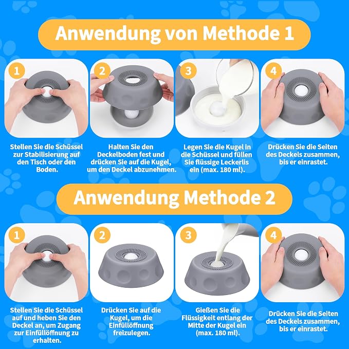 Slow Feeder Dog Bowls for Liquid Treat, Dog Lick Bowl for Anxiety Relief & Fast Eaters, Anti-Slip Ball-in Bone Broth, 5/6 Cup Pup Lick Toy for Peanut Butter Large Medium Small Pet Cats Gray
