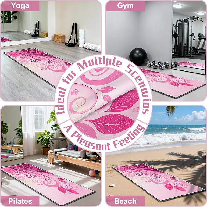 Hot Yoga Towel Non Slip, Ultra-Absorbent Yoga Mat Towel, Soft with Printed Design, Machine Washable, Yoga Pilates Towel Suitable for Exercise, Pilates, Yoga, 72x27in,Pink Plants