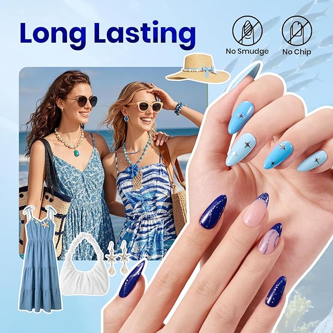 Beetles Blue Nail Polish Set - Ocean Starlight, 6 Corlors Glitter Peal Pastel Nail Polish Blue Quick Dry, Long-Lasting Pastel Nails for Summer & Spring Nails Art Effect for Manicure Salon